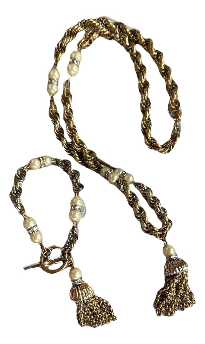 Mid 20th Century Trifari Chainlink Tassel Faux Pearl Rhinestone Necklace and Bracelet Set - 2 Pieces: Trifari signed tassel necklace and bracelet set. Trifari is marked on the bracelet bar and Germany is marked on the matching necklace clasp. Brassy gold chain link with faux pearl and rhinestone