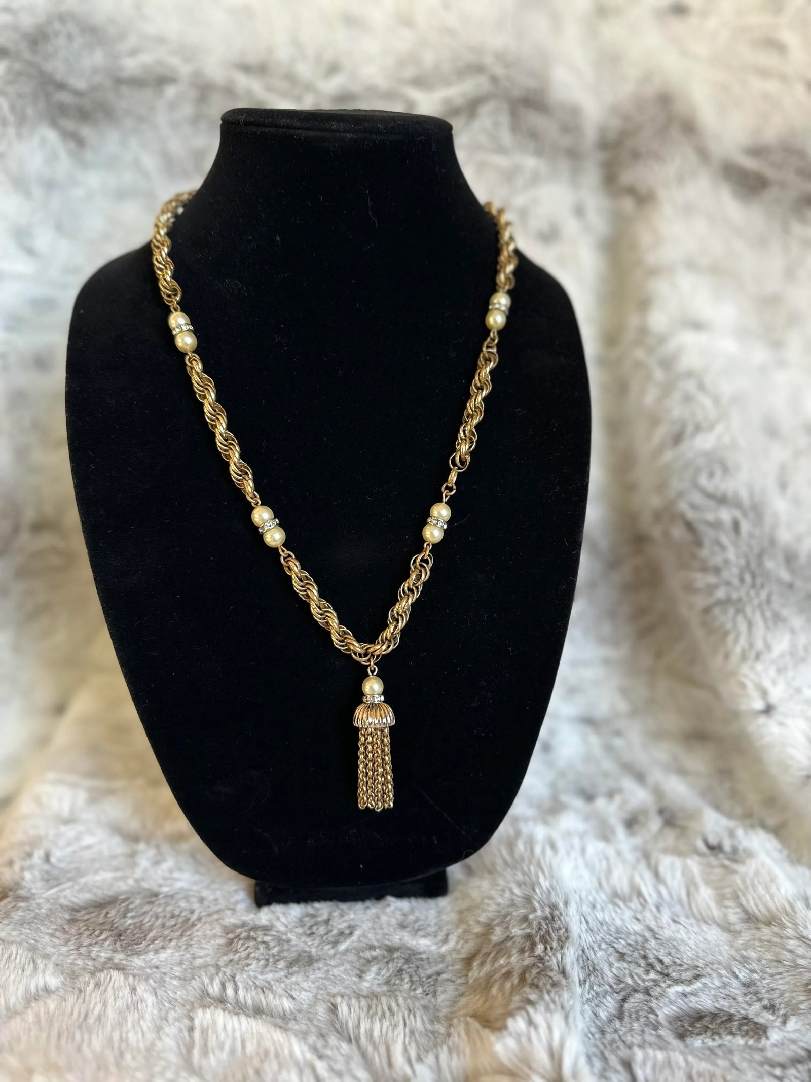 Mid 20th Century Trifari Chainlink Tassel Faux Pearl Rhinestone Necklace and Bracelet Set - 2 Pieces - 2