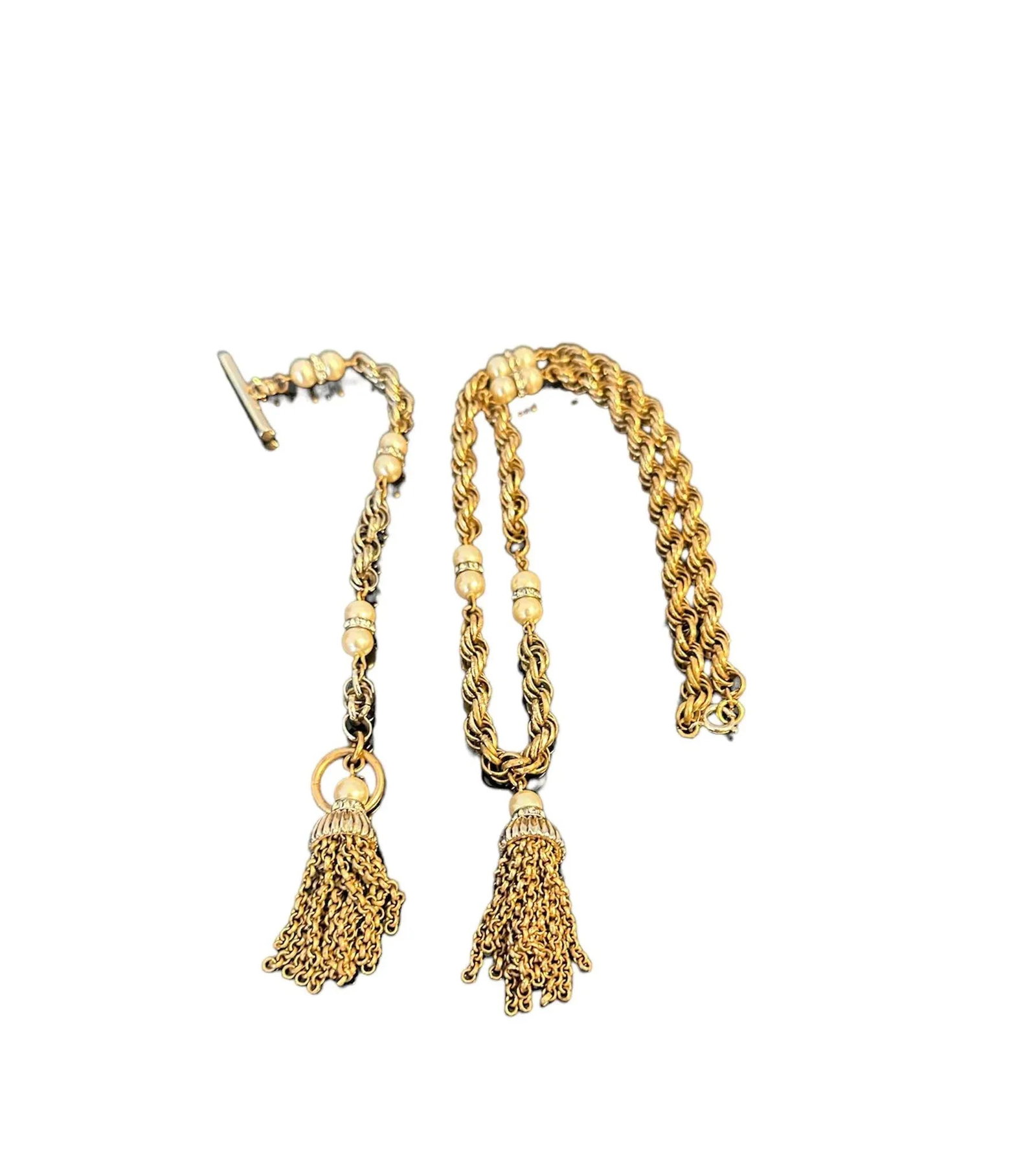 Mid 20th Century Trifari Chainlink Tassel Faux Pearl Rhinestone Necklace and Bracelet Set - 2 Pieces - 4