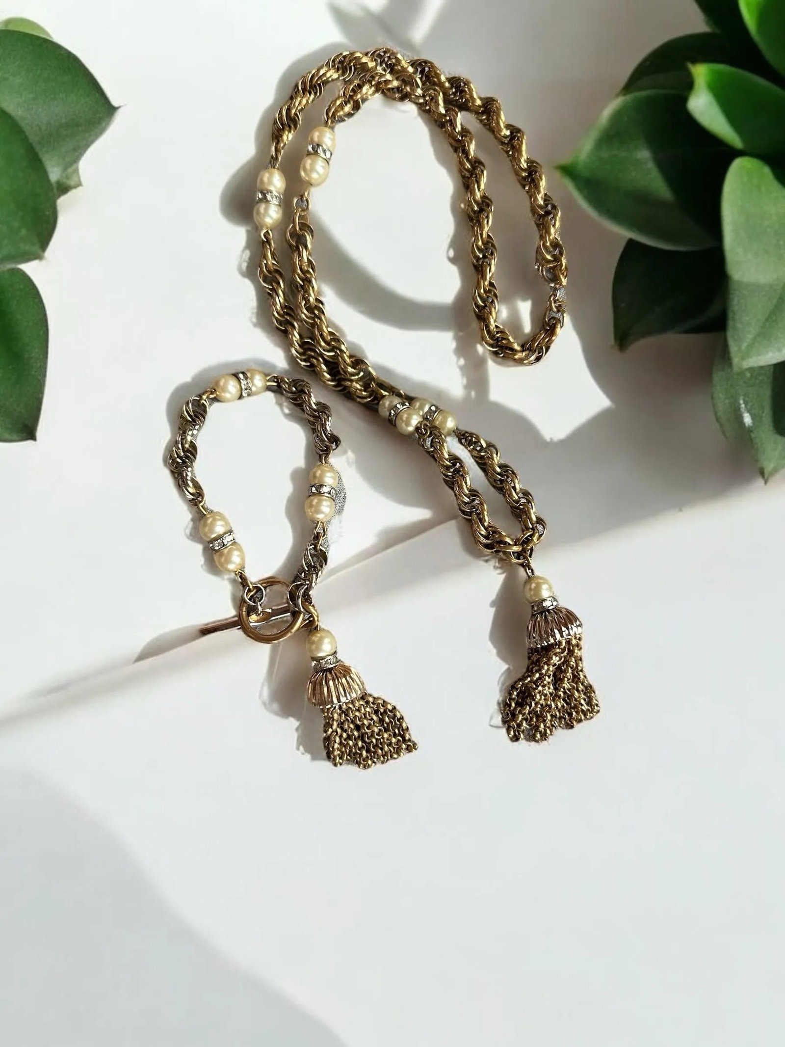 Mid 20th Century Trifari Chainlink Tassel Faux Pearl Rhinestone Necklace and Bracelet Set - 2 Pieces - 7