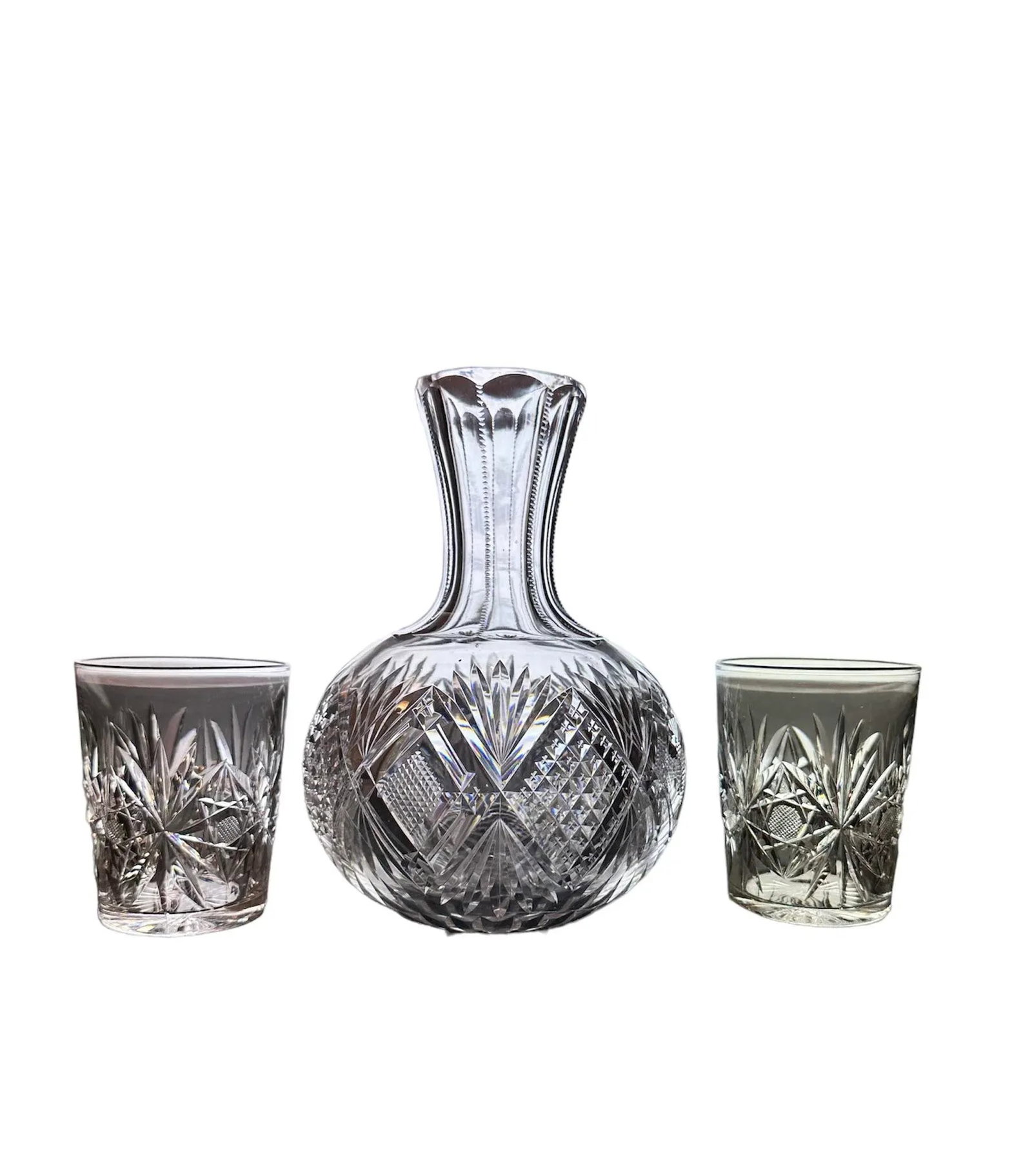 Antique American Brilliant Period Cut Crystal Carafe and Tumblers Set- 3 Pieces - 10