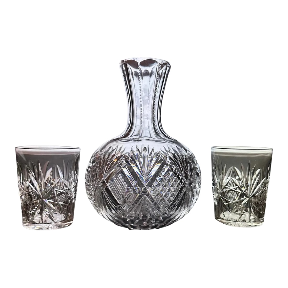 Antique American Brilliant Period Cut Crystal Carafe and Tumblers Set- 3 Pieces: Antique cut crystal from American Brilliant period. Early 1900's 8" high x 6" wide Carafe Tumblers 3.75" high x 3" wide Wine, water, juice or display. Comes with two tumblers in complementary