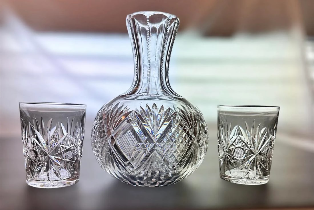 Antique American Brilliant Period Cut Crystal Carafe and Tumblers Set- 3 Pieces - 4