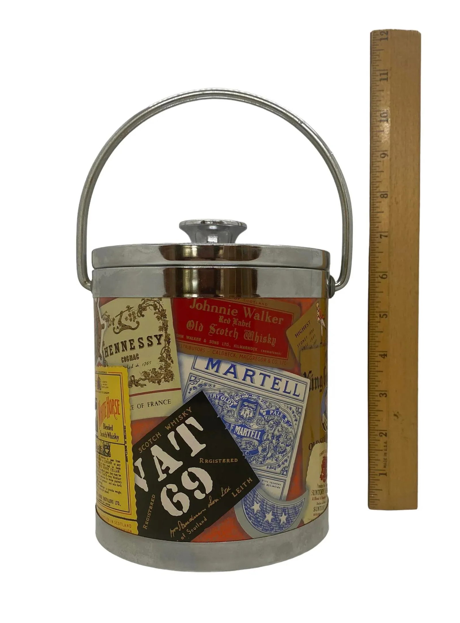 Mid 20th Century Small Polychrome Plastic and Chrome Italian Ice Bucket With Liquor Labels Design - 10