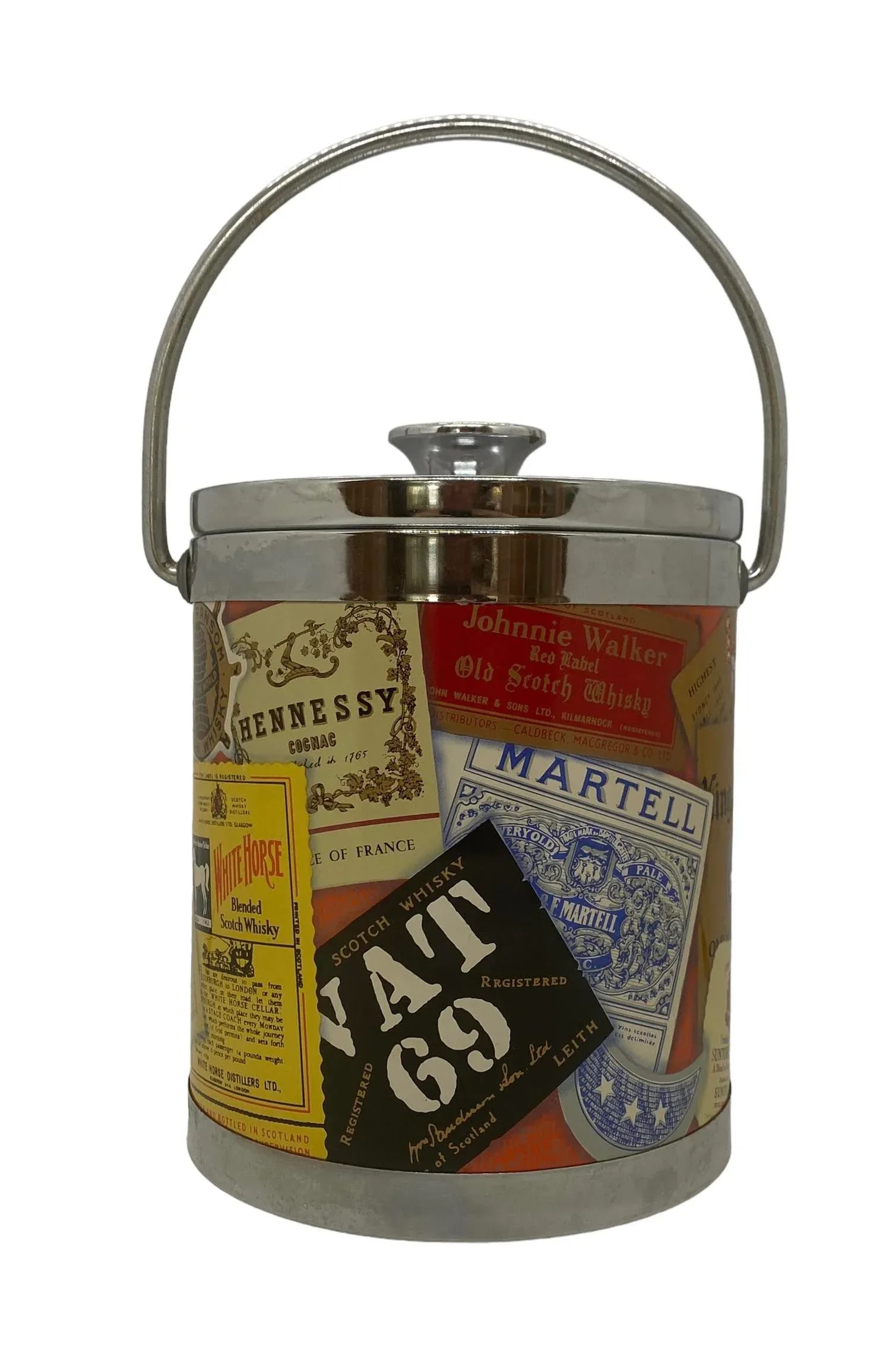 Mid 20th Century Small Polychrome Plastic and Chrome Italian Ice Bucket With Liquor Labels Design - 12