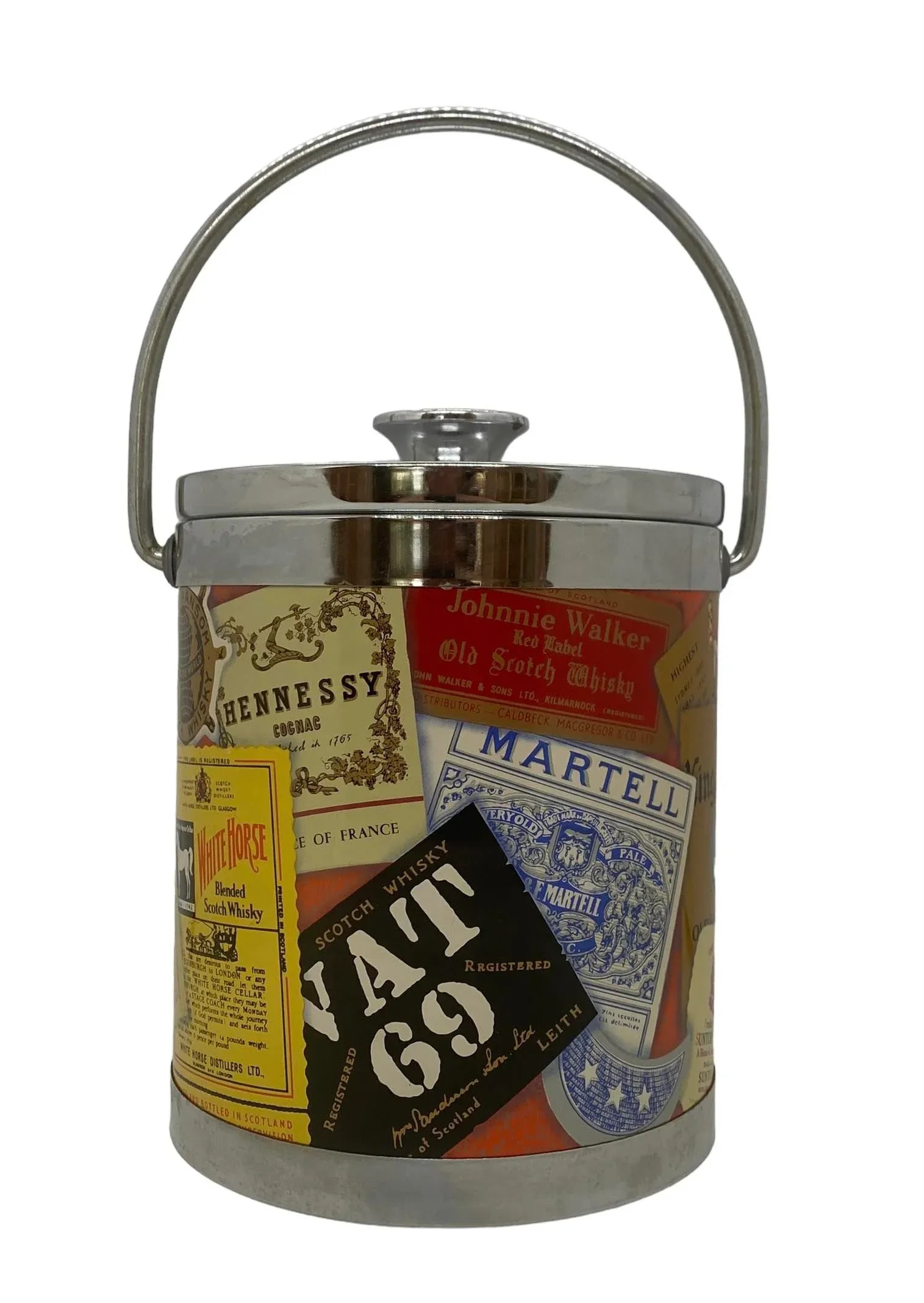 Mid 20th Century Small Polychrome Plastic and Chrome Italian Ice Bucket With Liquor Labels Design - 13