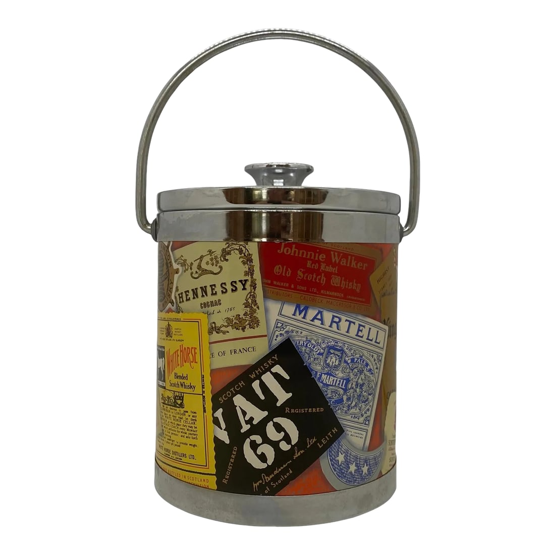 Mid 20th Century Small Polychrome Plastic and Chrome Italian Ice Bucket With Liquor Labels Design: Mid 20th Century Small Polychrome Plastic and Chrome Italian Ice Bucket With Liquor Labels Design. Introducing a stunning Mid 20th Century Small Polychrome Plastic and Chrome Italian Ice Bucket With L