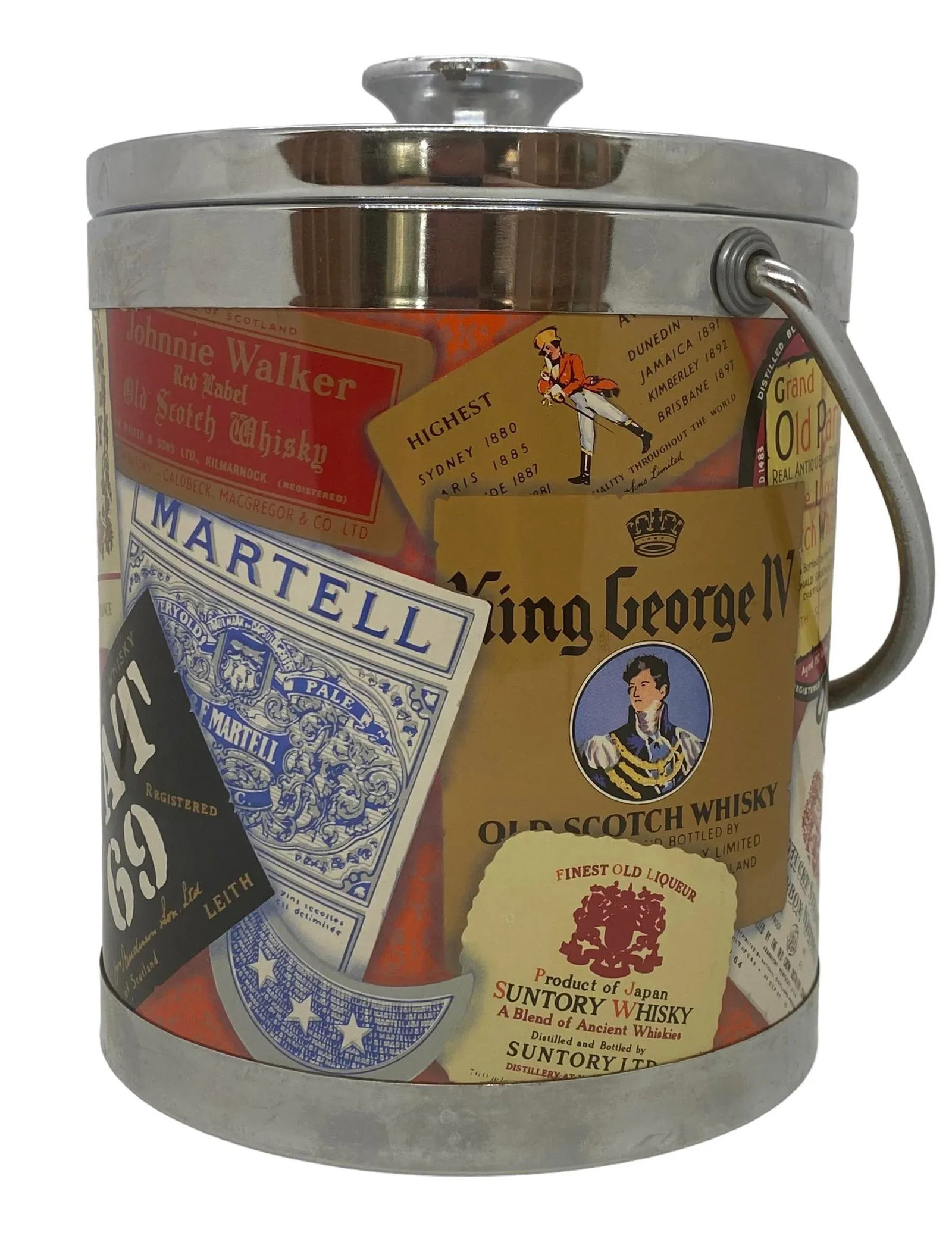 Mid 20th Century Small Polychrome Plastic and Chrome Italian Ice Bucket With Liquor Labels Design - 6