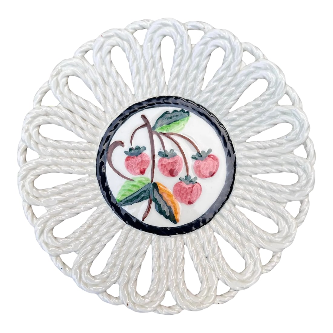 Majolica Hand Painted Strawberries Ceramic Plate Made in Spain: Vintage Hand painted ceramic plate. Made in Spain Mid-20th century. Reticulated ceramic braided by hand around lovely strawberry center with stand out contrasting black. Attractive coloring and