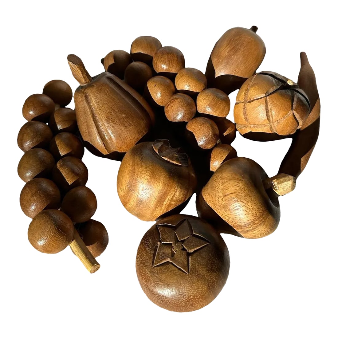Mid Century Modern Wood Carved Fruit- Set of 9: A just-right size of 9 carved wood fruit-apple, pears, banana, figs, pomegranate, passion fruit, and 2 perfect grape clusters. Mid-century modern -Island organic style for your tablescape inside or ou