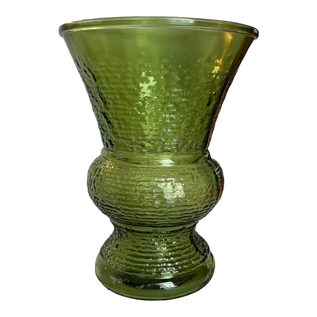 1970s Large Anchor Hocking Soreno Green Ripple Texture Glass Vase: Great ripple texture on this large mouth (7.5" wide x 10" tall) mid-century modern green glass vase. Handles a large bouquet fitting ad a stunning entrance statement or centerpiece. Excellent