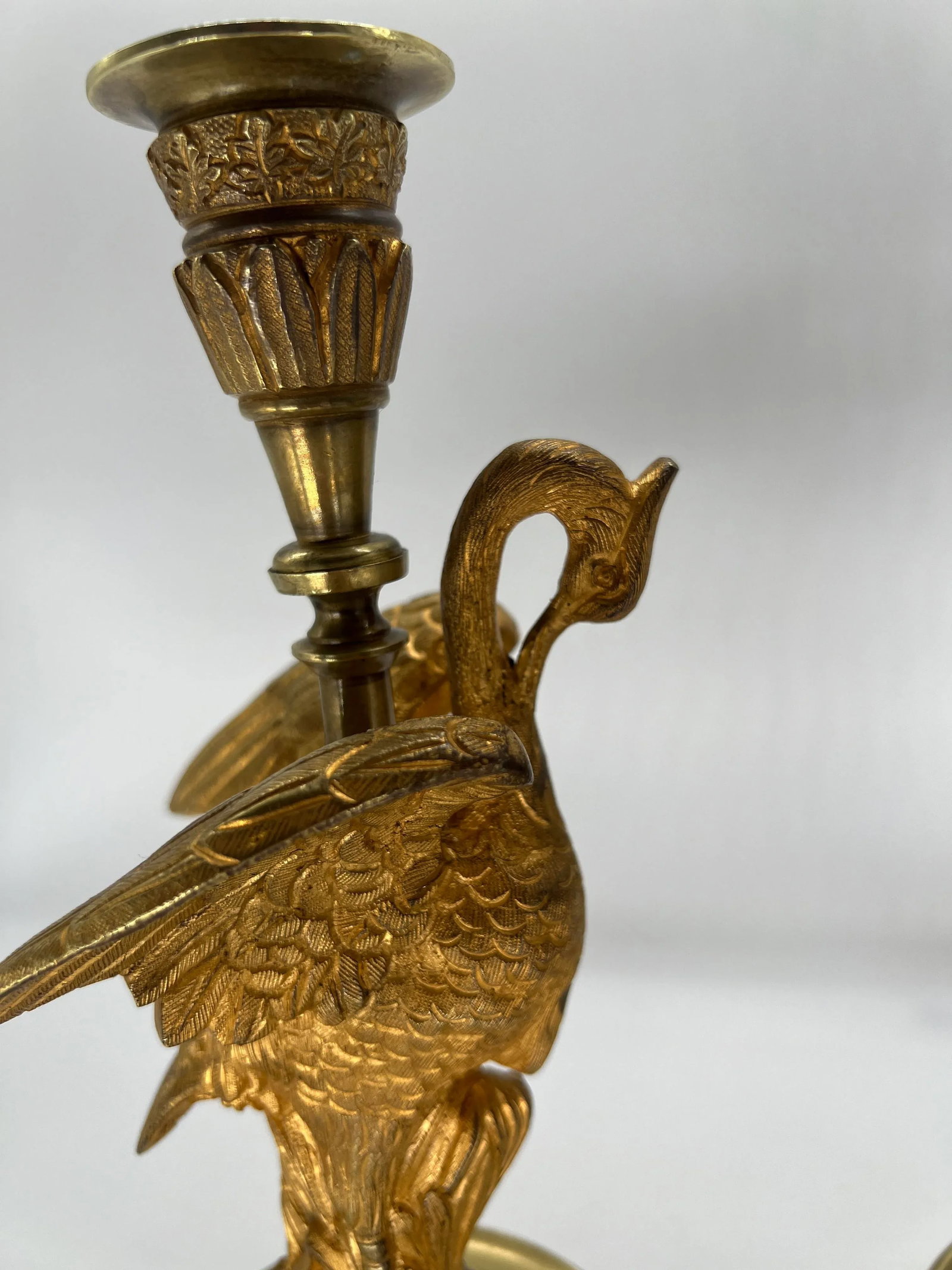 Pair, French Empire Gilt Bronze Crane Motif Candlesticks Circa 1815 - 12