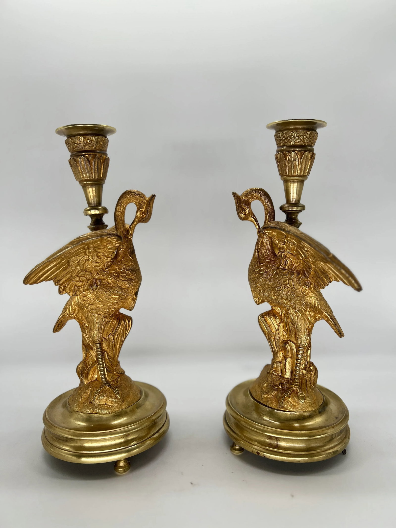 Pair, French Empire Gilt Bronze Crane Motif Candlesticks Circa 1815 - 2