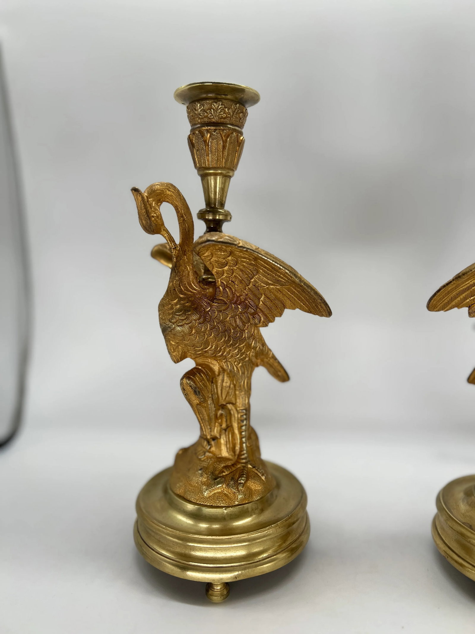 Pair, French Empire Gilt Bronze Crane Motif Candlesticks Circa 1815 - 3