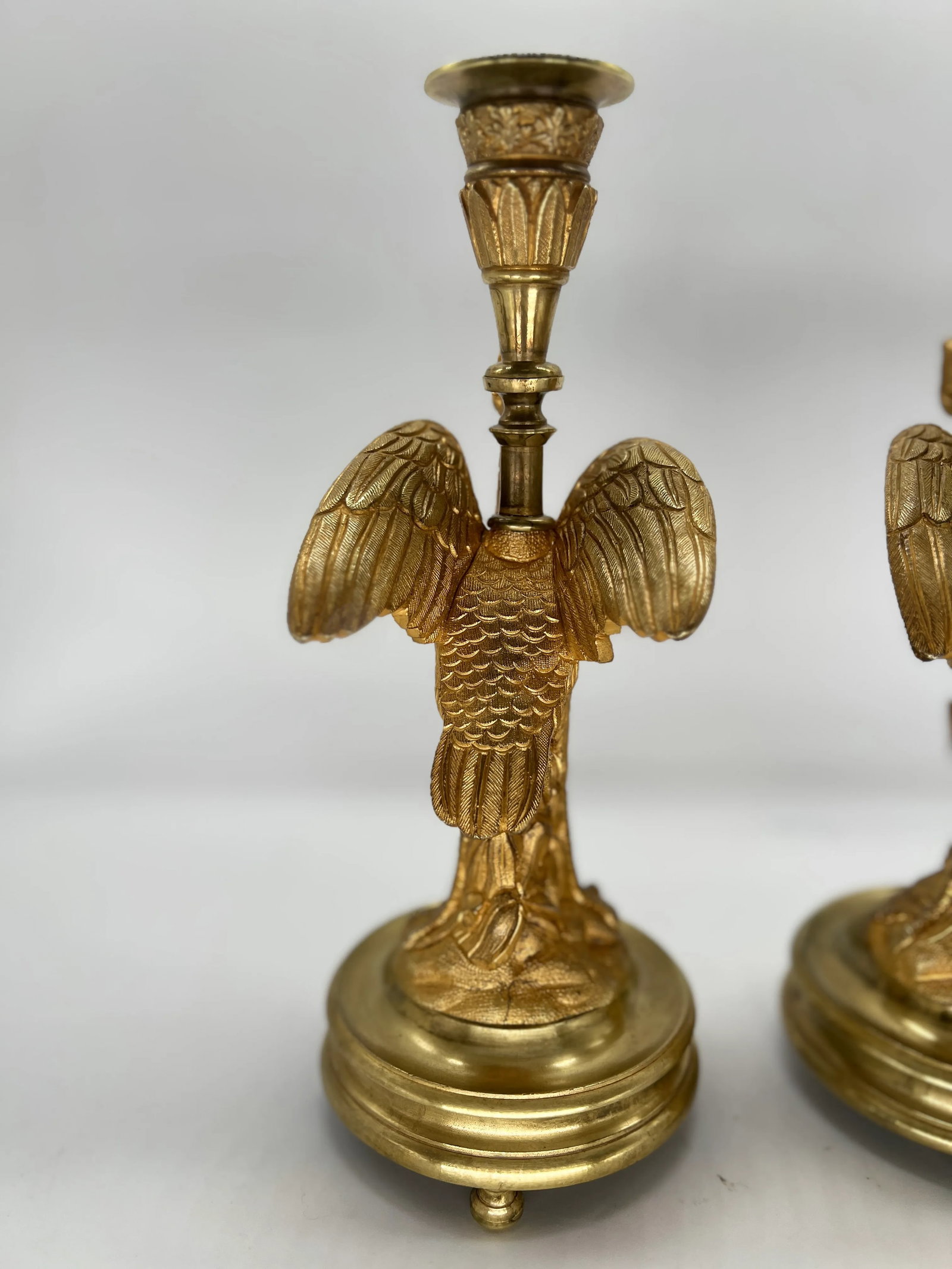 Pair, French Empire Gilt Bronze Crane Motif Candlesticks Circa 1815 - 4