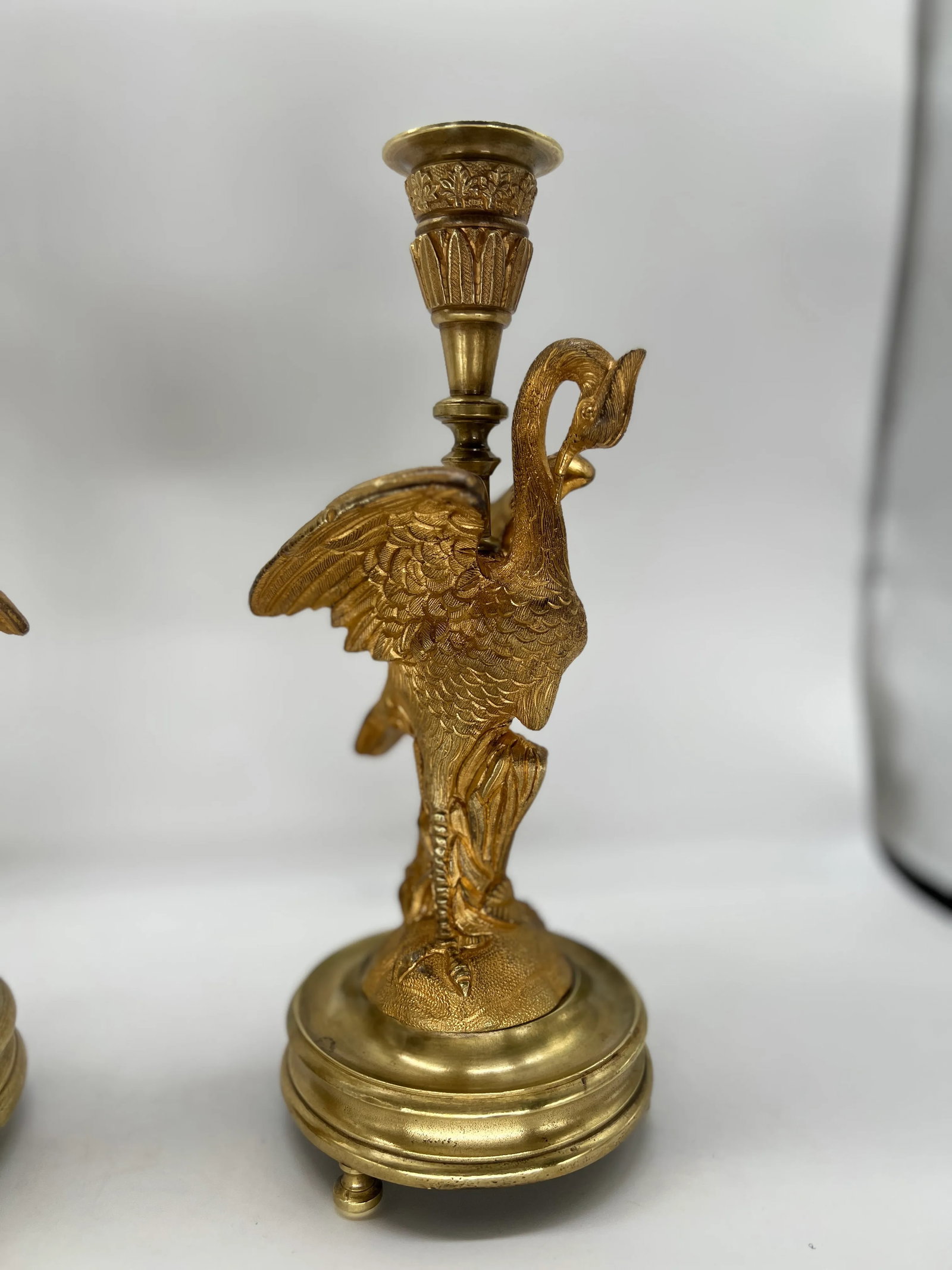 Pair, French Empire Gilt Bronze Crane Motif Candlesticks Circa 1815 - 5
