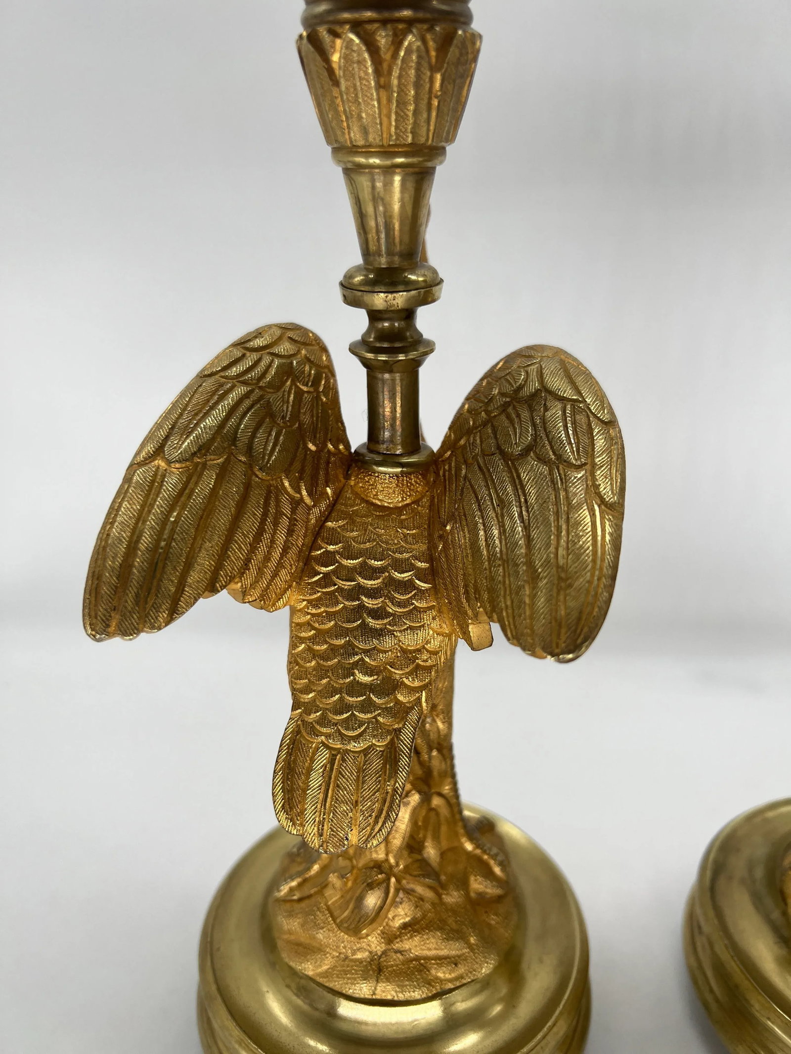 Pair, French Empire Gilt Bronze Crane Motif Candlesticks Circa 1815 - 9