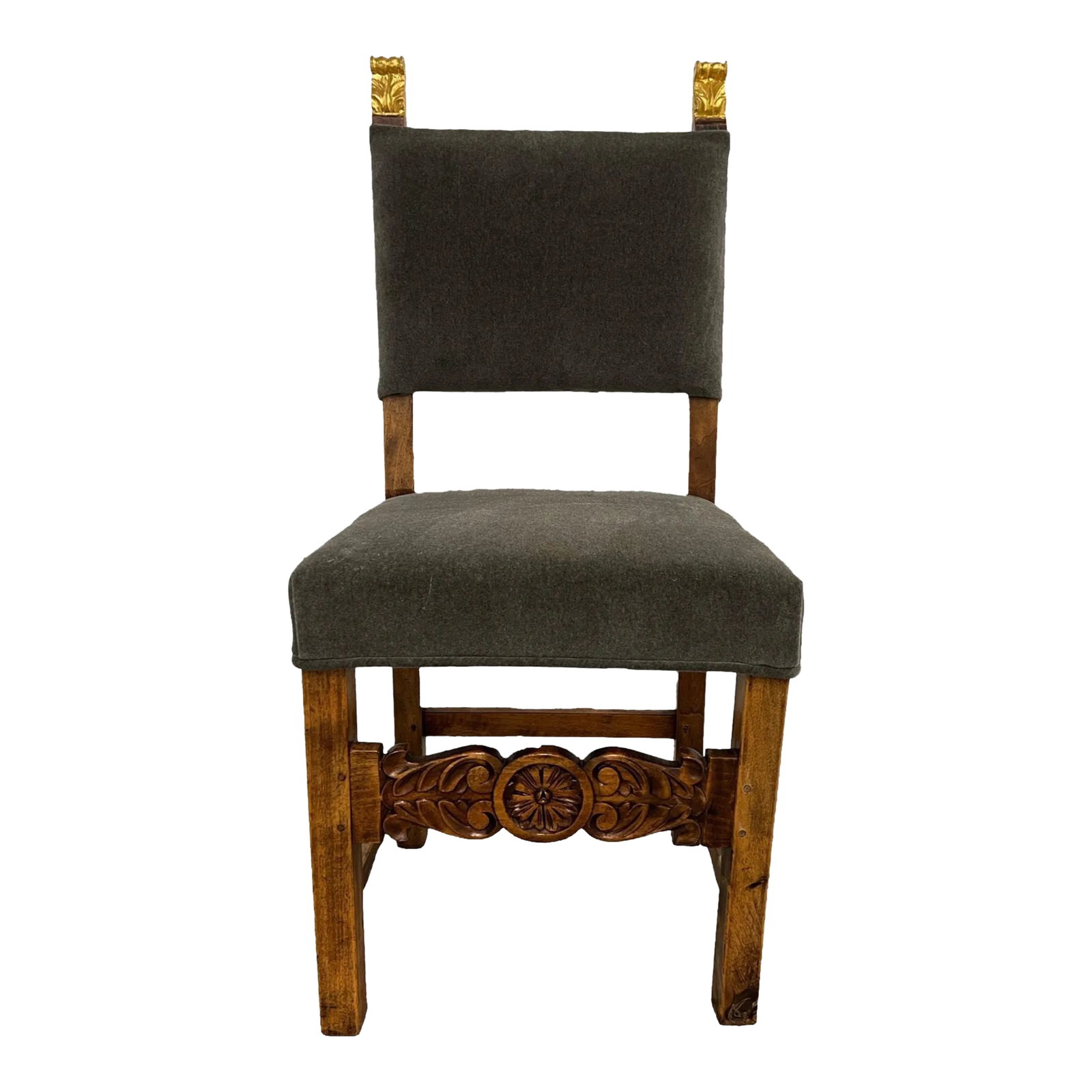 19th Century Spanish Baroque Giltwood & Mohair Upholstered Side Chair: Spanish, early to mid 19th century. A very attractive antique Spanish side chair with gilt wood finials, carved skirt rail and upholstered with a gray mohair fabric back and seat. Measures: 34.125" h 