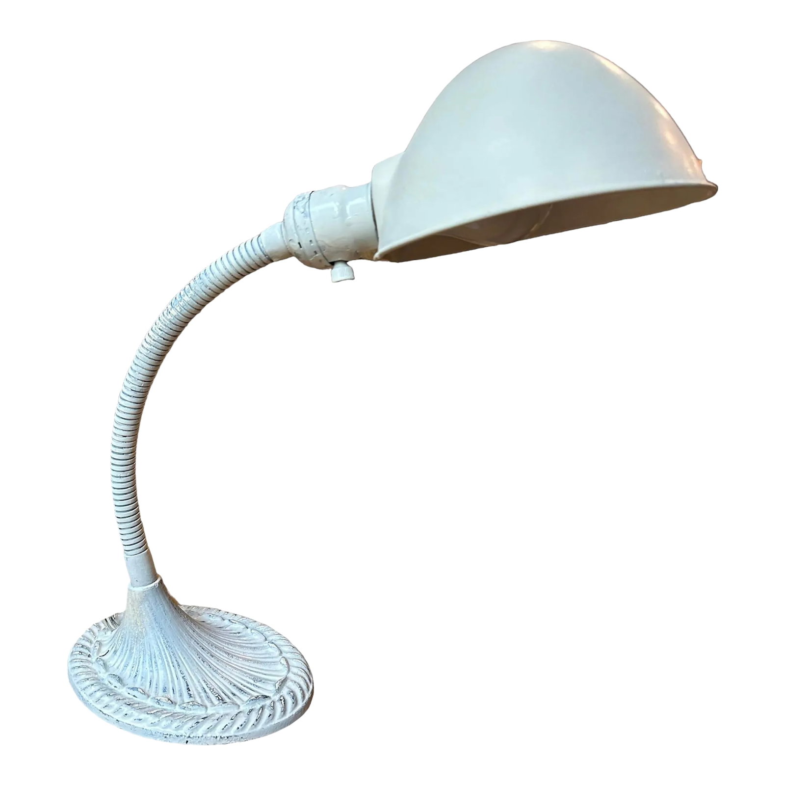 Early 20th Century Cast Iron Gooseneck Desk Table Lamp by Eagle: Early 20th century cast iron desk lamp by Eagle. Gooseneck which is adjustable and freshly painted inside and out maintaining distressed vintage styling. This base has beautiful rim braid design.