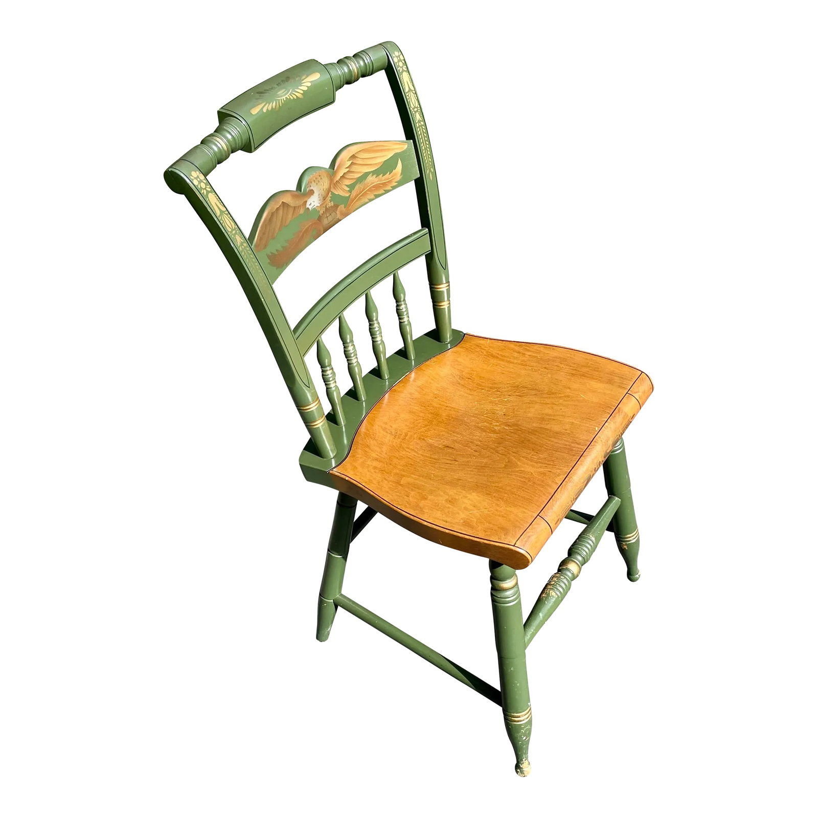 L. Hitchcock, Green, Half Spindle Back Inn Chair With Signature Eagle Stenciling: Offered is a L. Hitchcock Chair Co. half spindle back maple Inn Chair with their trademark eagle stenciled pattern on the chair's splat. The chair has a solid maple plank seat and an elegant back