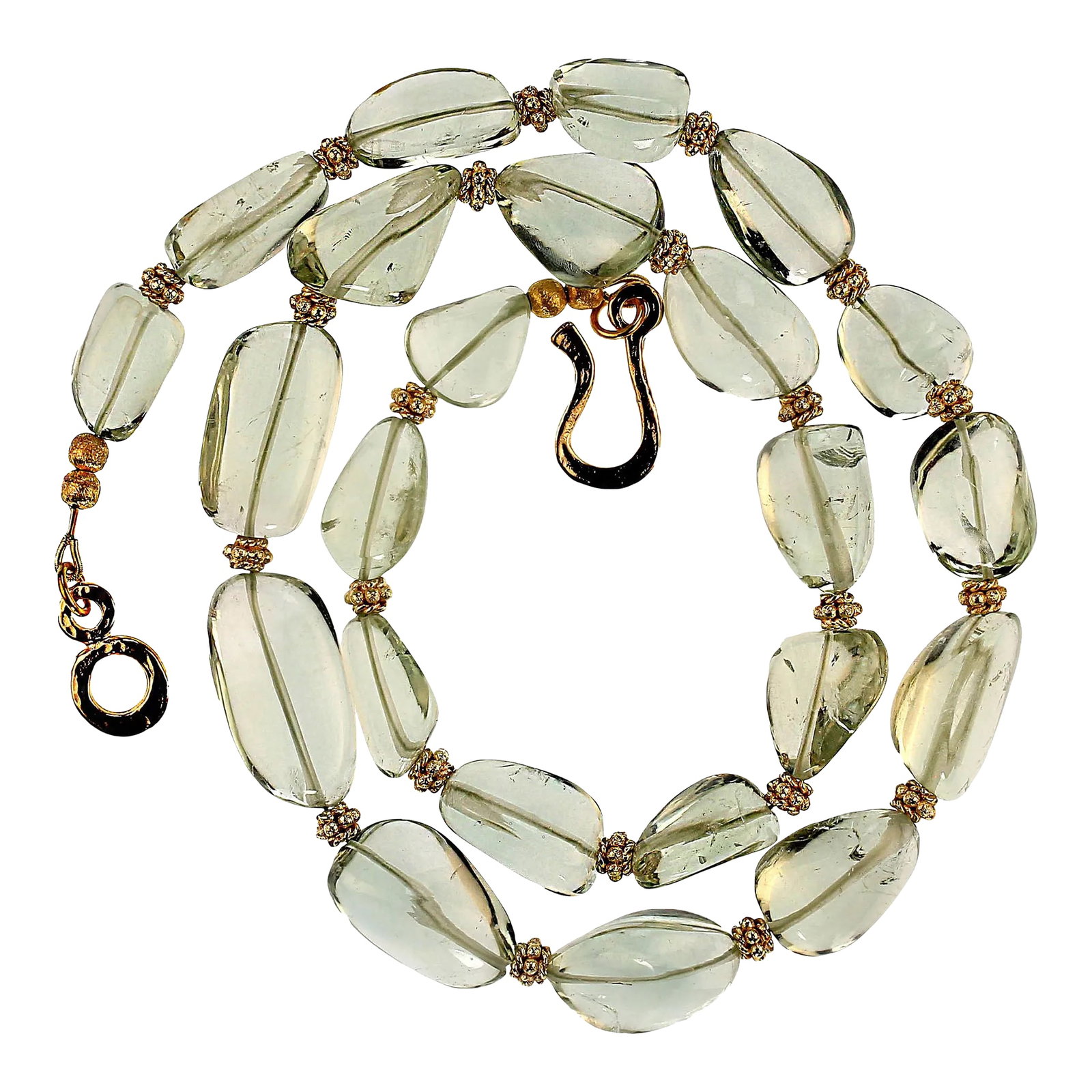 Praziolite Graduated Necklace With Goldy Accents: This is part of Chairish's Costume Jewelry assortment. 22-Inch Smooth Prasiolite Nugget Necklace with Gold Vermeil Accents and Clasp Enhance your jewelry collection with this 22-inch prasiolite nugget