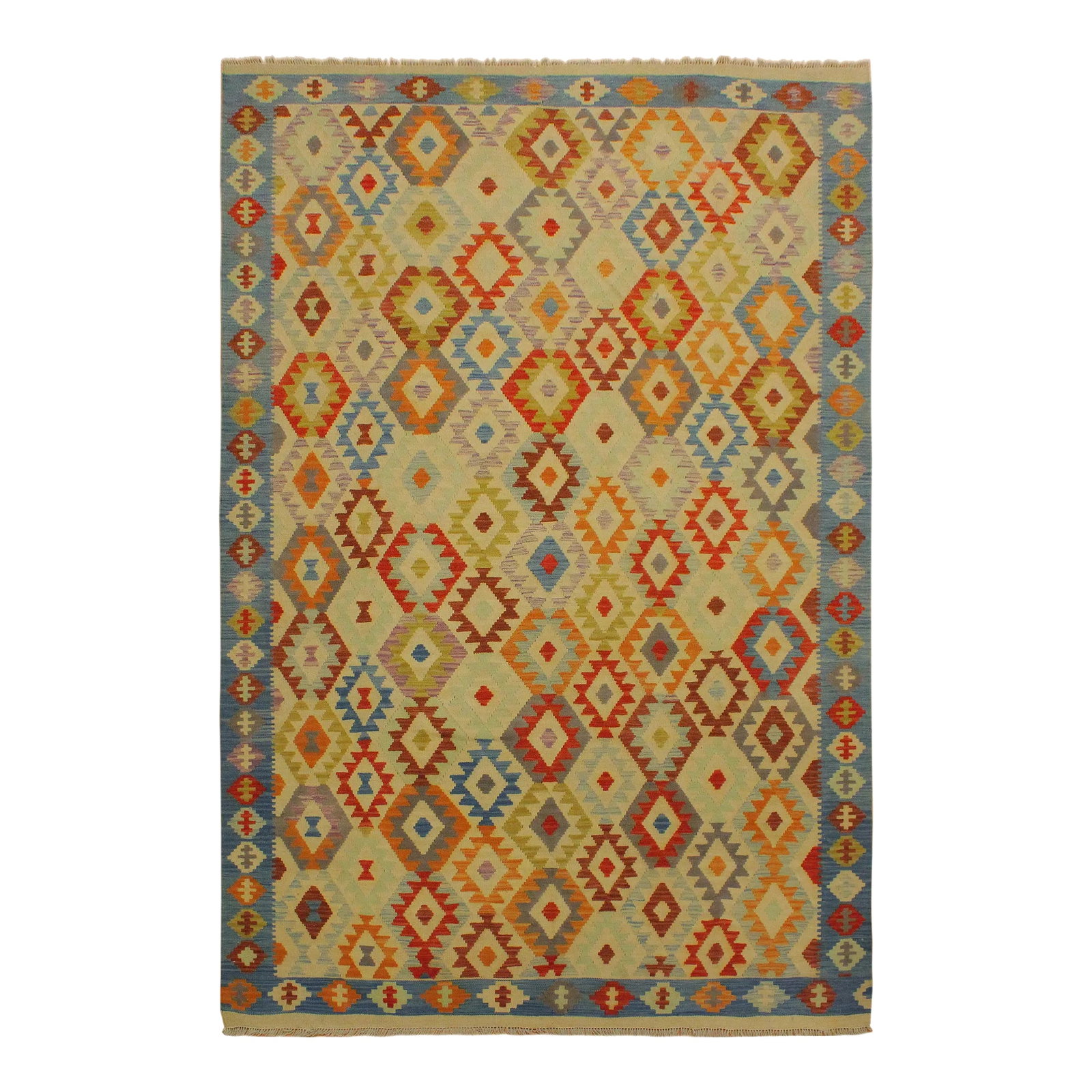Caucasian Kilim Ivory Blue Wool Rug - 6'9" X 9'9": Add a touch of elegance to your home with this casual chic hand woven Tribal Kilim wool rug. Constructed on a loom by Nomad Turkman people with hand-spun wool and 100% Natural Vegetable dyes these