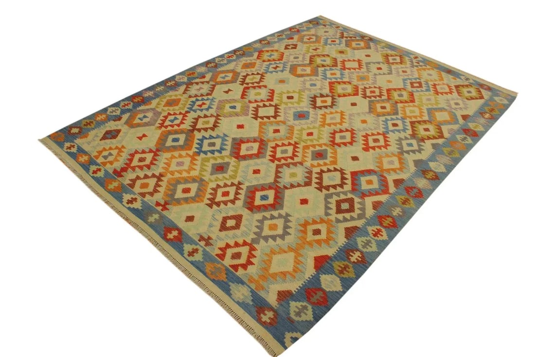 Caucasian Kilim Ivory Blue Wool Rug - 6'9" X 9'9" - 3