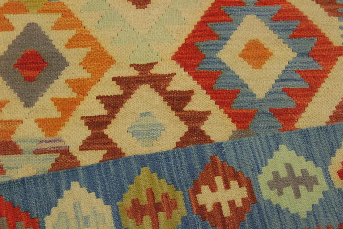 Caucasian Kilim Ivory Blue Wool Rug - 6'9" X 9'9" - 5