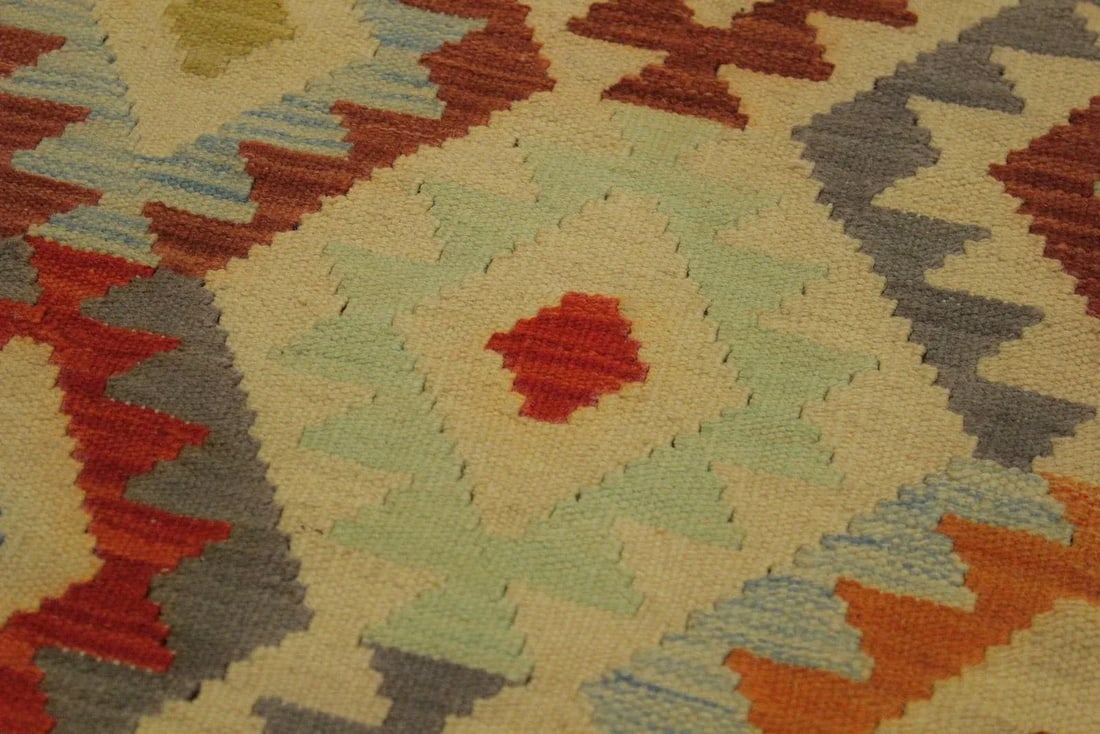 Caucasian Kilim Ivory Blue Wool Rug - 6'9" X 9'9" - 6