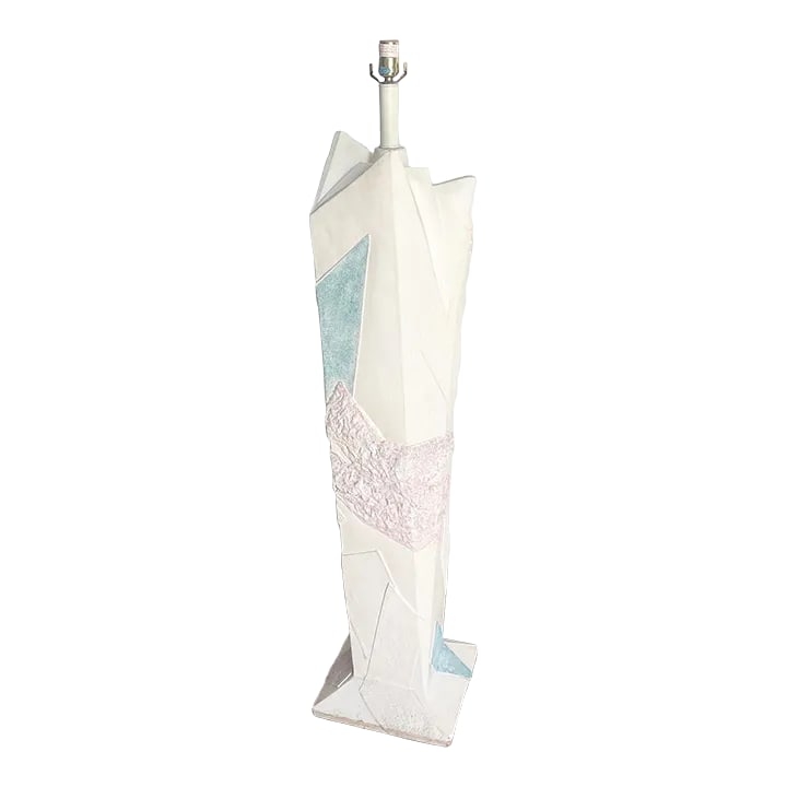 Postmodern Brutalist Green and Pink and White Floor Lamp: This striking Postmodern Brutalist floor lamp merges form and function in an audacious display of color and design. Its green, pink, and white palette evokes memories of the 80s, while the lamp's