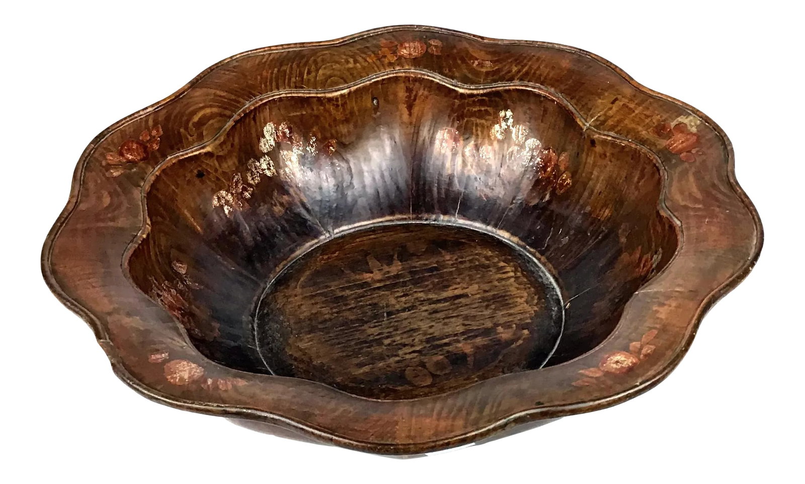 19th Century Chinese Qing Gilt Painted & Carved Wooden Bowl: Excellent specimen of a bowl which would have been used by the high ranking officials. Gilt gold paintings are barely seen as they have been worn off. The hand carved inside base has also been worn
