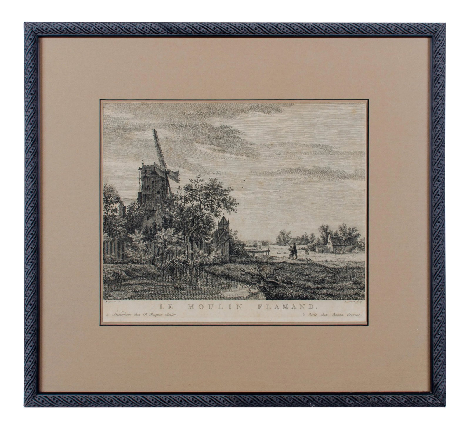 Le Moulin Flamand C1762-1766, Pierre Jacques Duret After Ruisdael: Offered is an etching of a rural scene with a windmill and pond, featuring two figures walking in the distance. A print from this edition is part of the permanent collection of the British Museum.