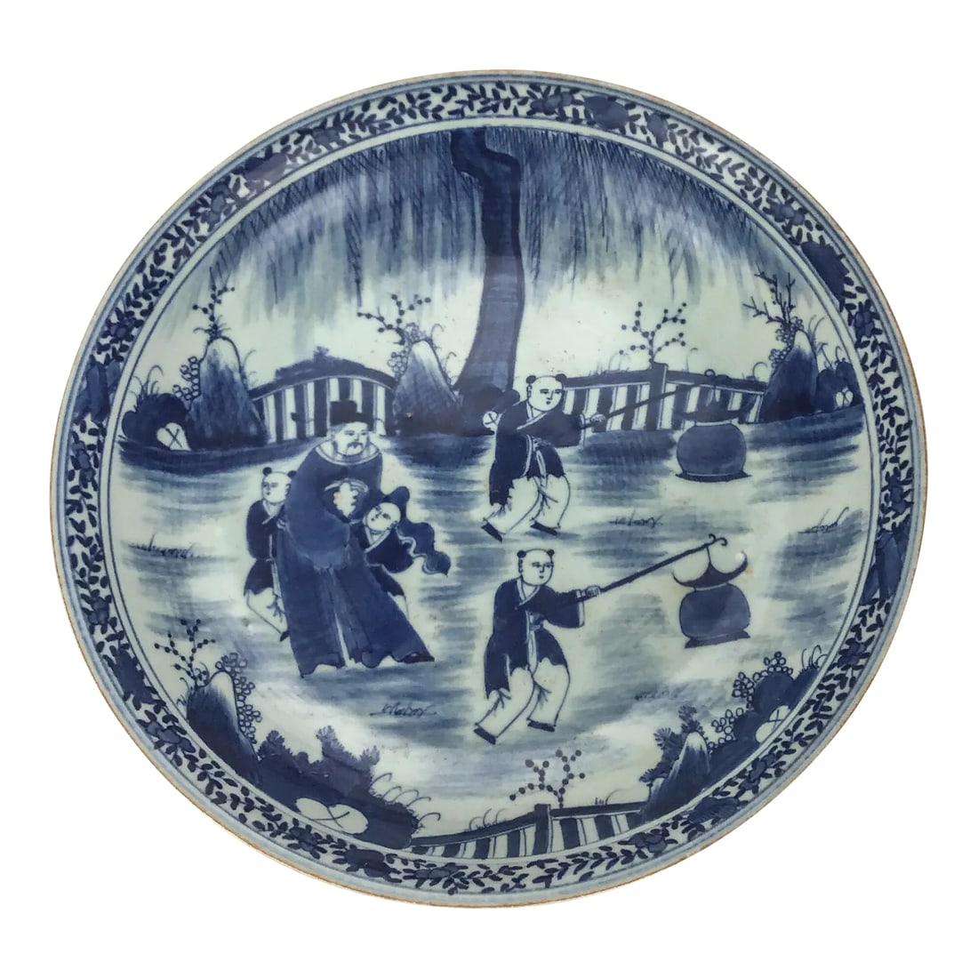 Important Large Chinese Antique Ming Cobalt Blue Underglazed Plate: Unique and rare piece with painted surfaces throughout the inside and outside of the platter. This piece was purchased by myself at an auction in the 80's. Quite heavy and very detailed. No damage at 