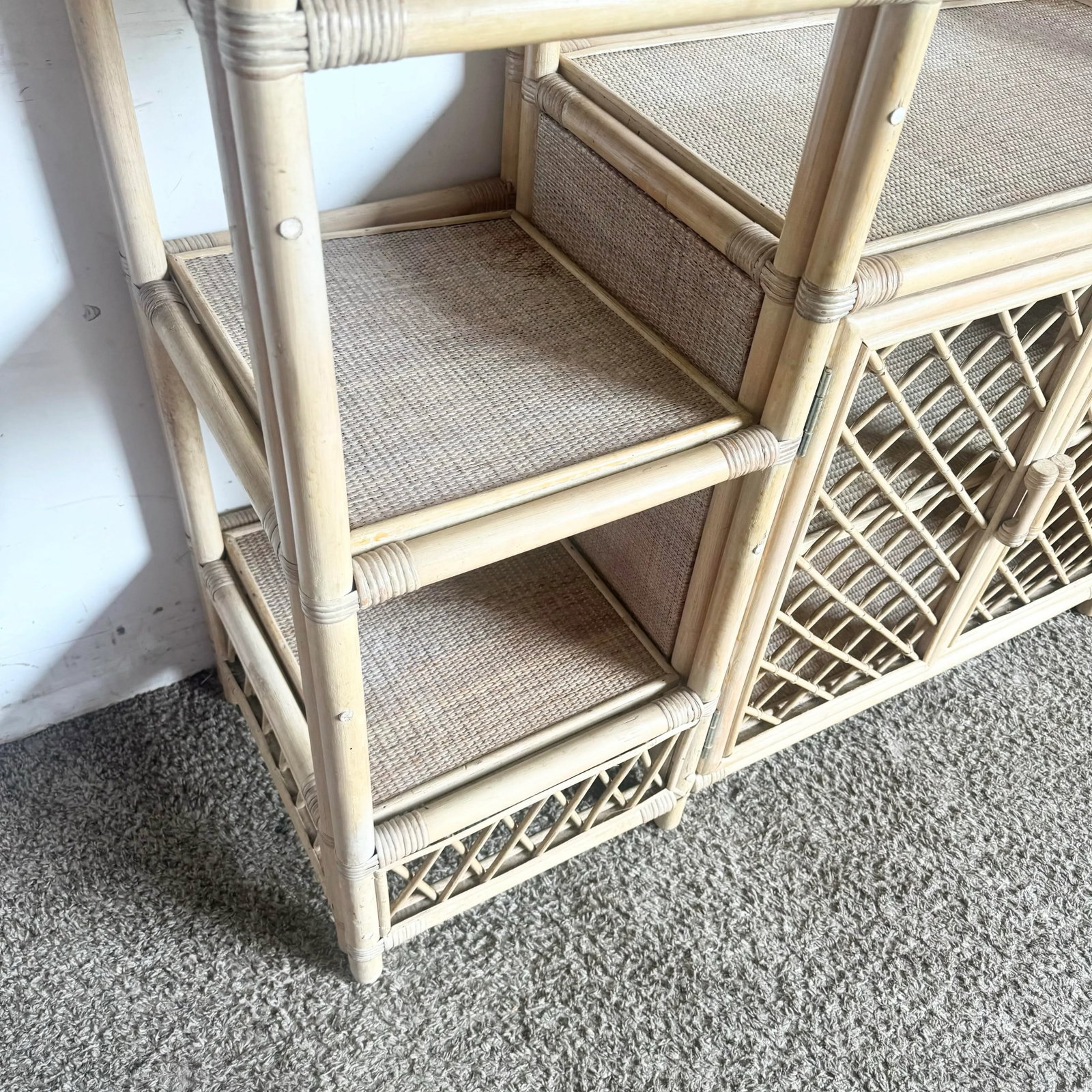 Boho Chic Blonde Rattan Arched Top Etagere - 10
