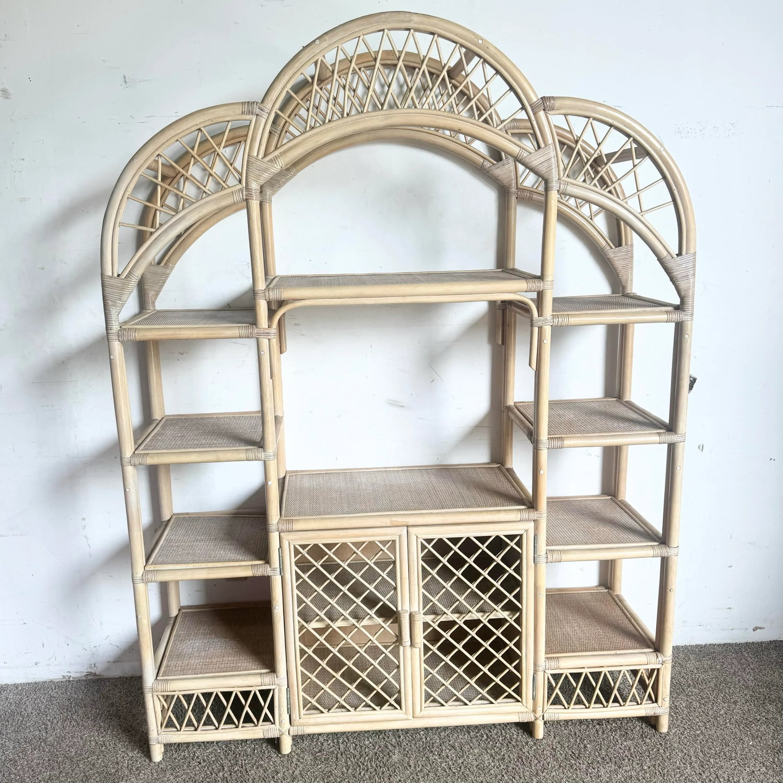 Boho Chic Blonde Rattan Arched Top Etagere - 2