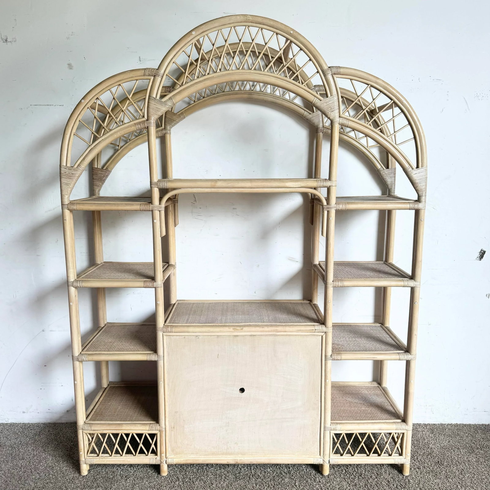 Boho Chic Blonde Rattan Arched Top Etagere - 3