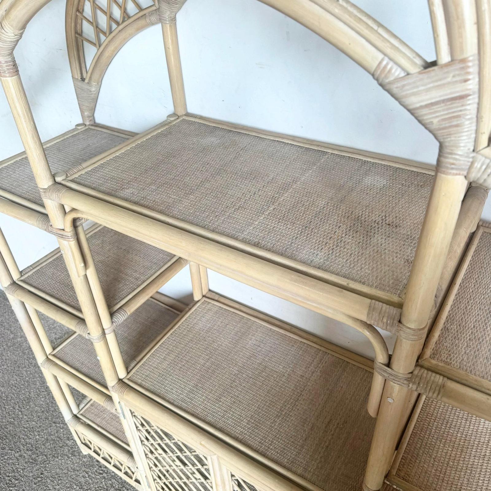 Boho Chic Blonde Rattan Arched Top Etagere - 6