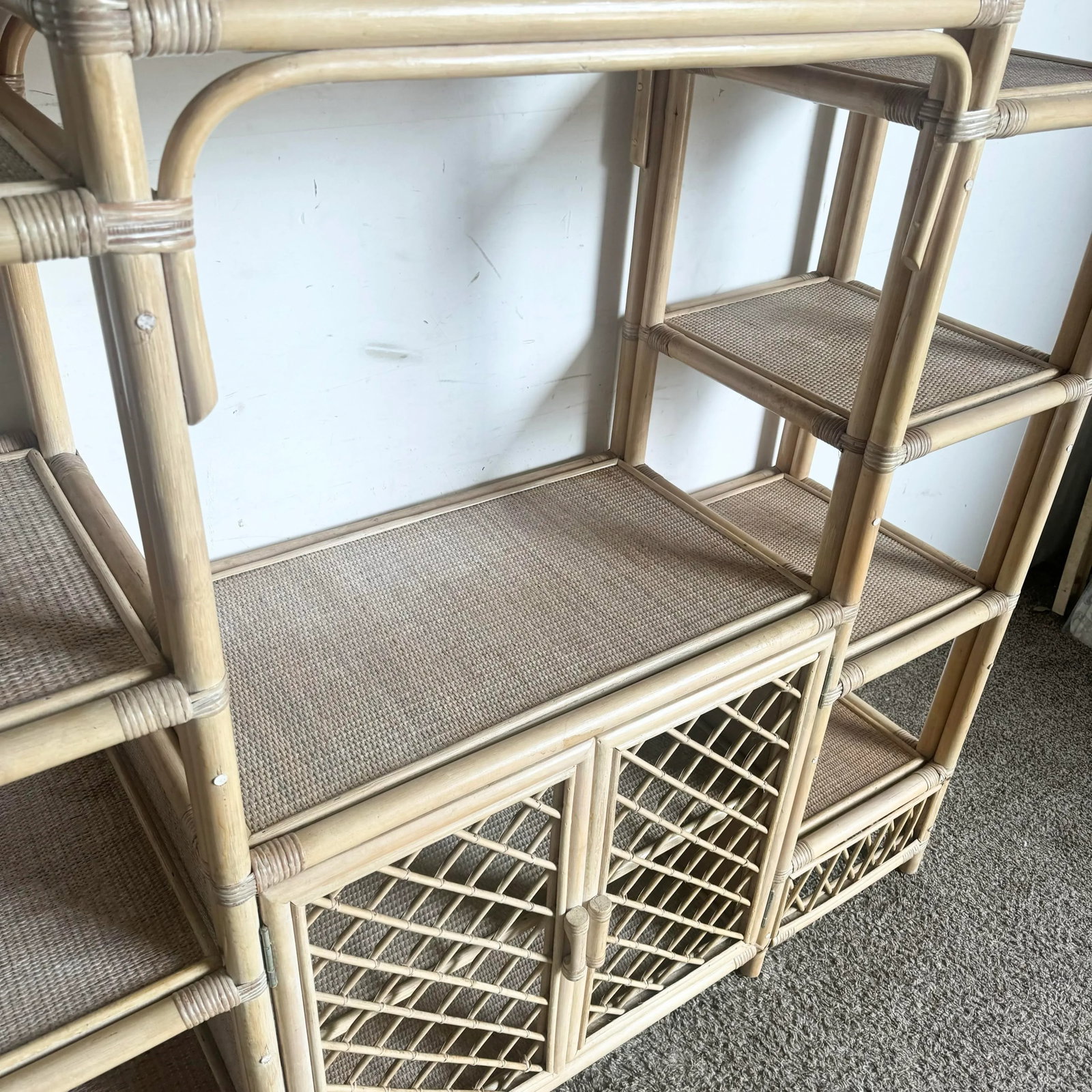 Boho Chic Blonde Rattan Arched Top Etagere - 7