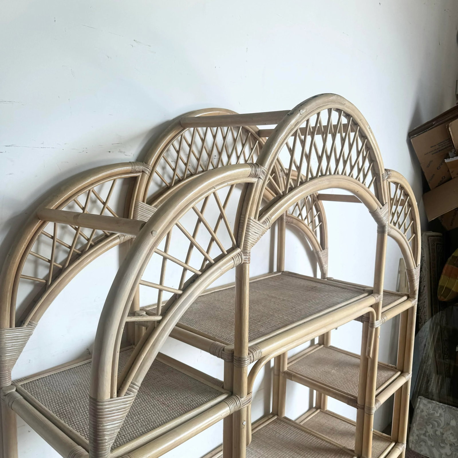 Boho Chic Blonde Rattan Arched Top Etagere - 8
