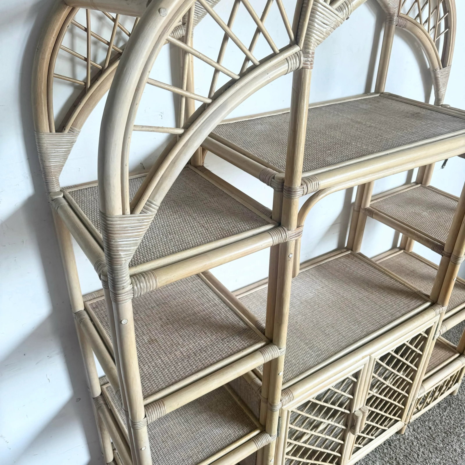Boho Chic Blonde Rattan Arched Top Etagere - 9