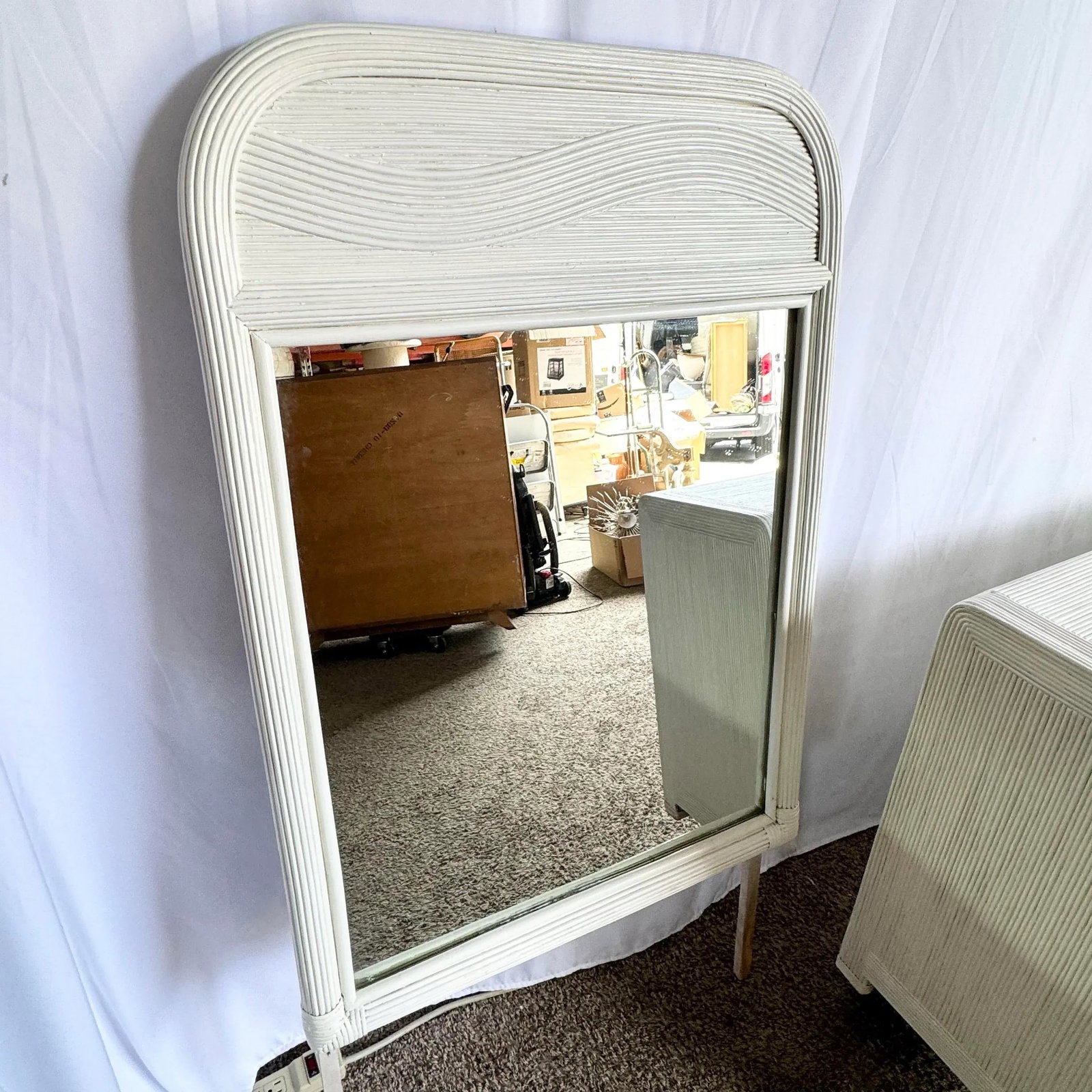 Boho Chic White Wavy Pencil Reed Dresser With Mirror - 11