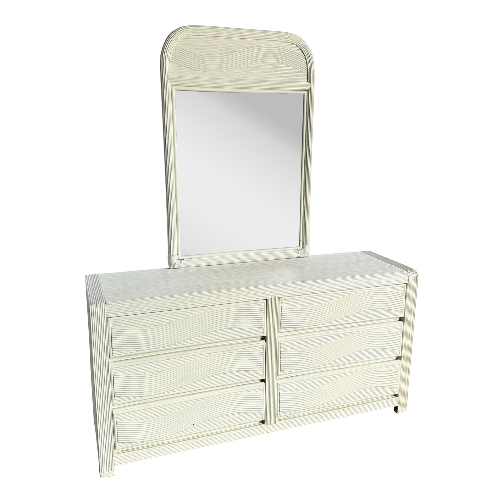 Boho Chic White Wavy Pencil Reed Dresser With Mirror: Boho Chic White Wavy Pencil Reed Dresser With Mirror featuring a sculptural tropical aesthetic and full matching frame mirror. The dresser's curving pencil reed pattern evokes ocean breezes and palm-l
