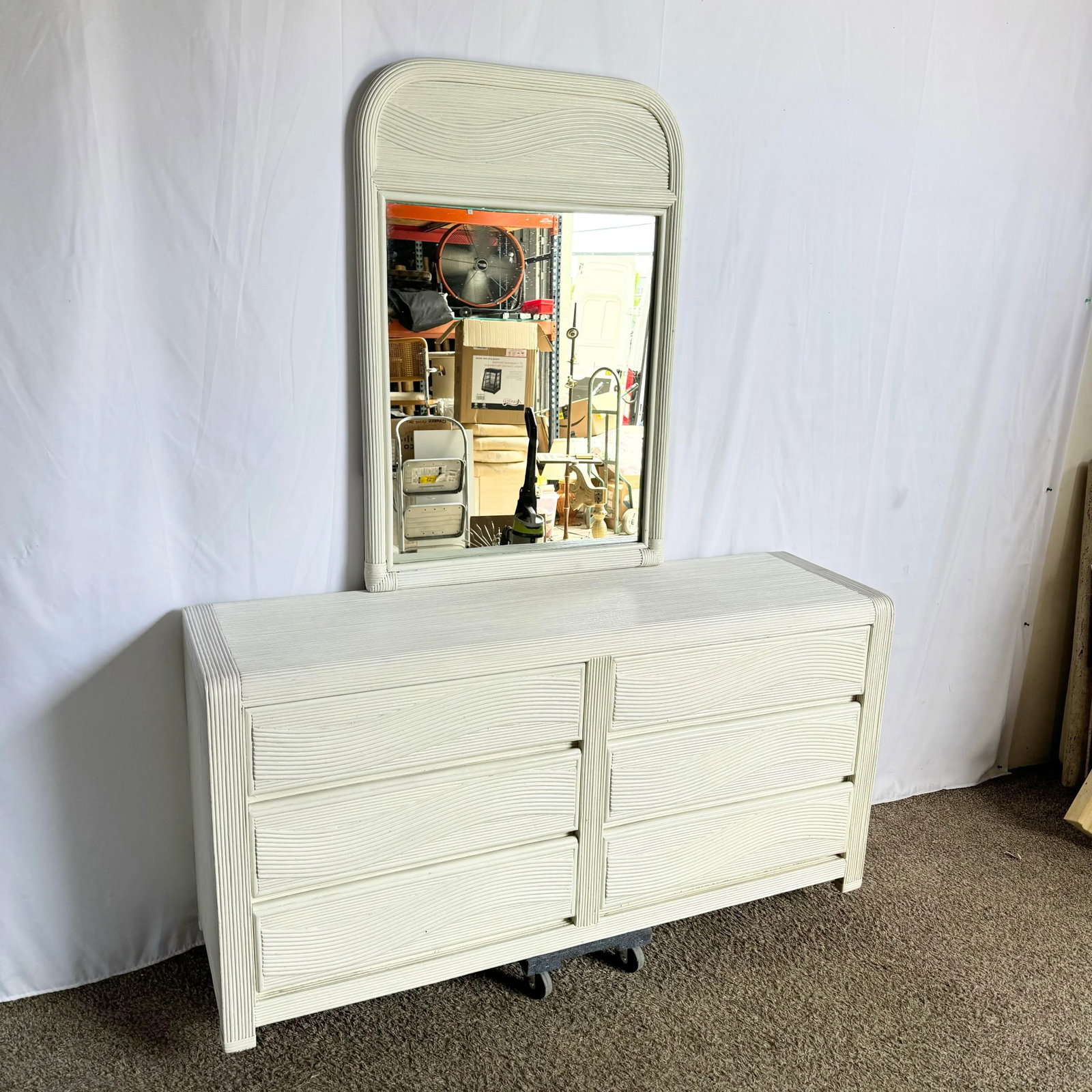 Boho Chic White Wavy Pencil Reed Dresser With Mirror - 2