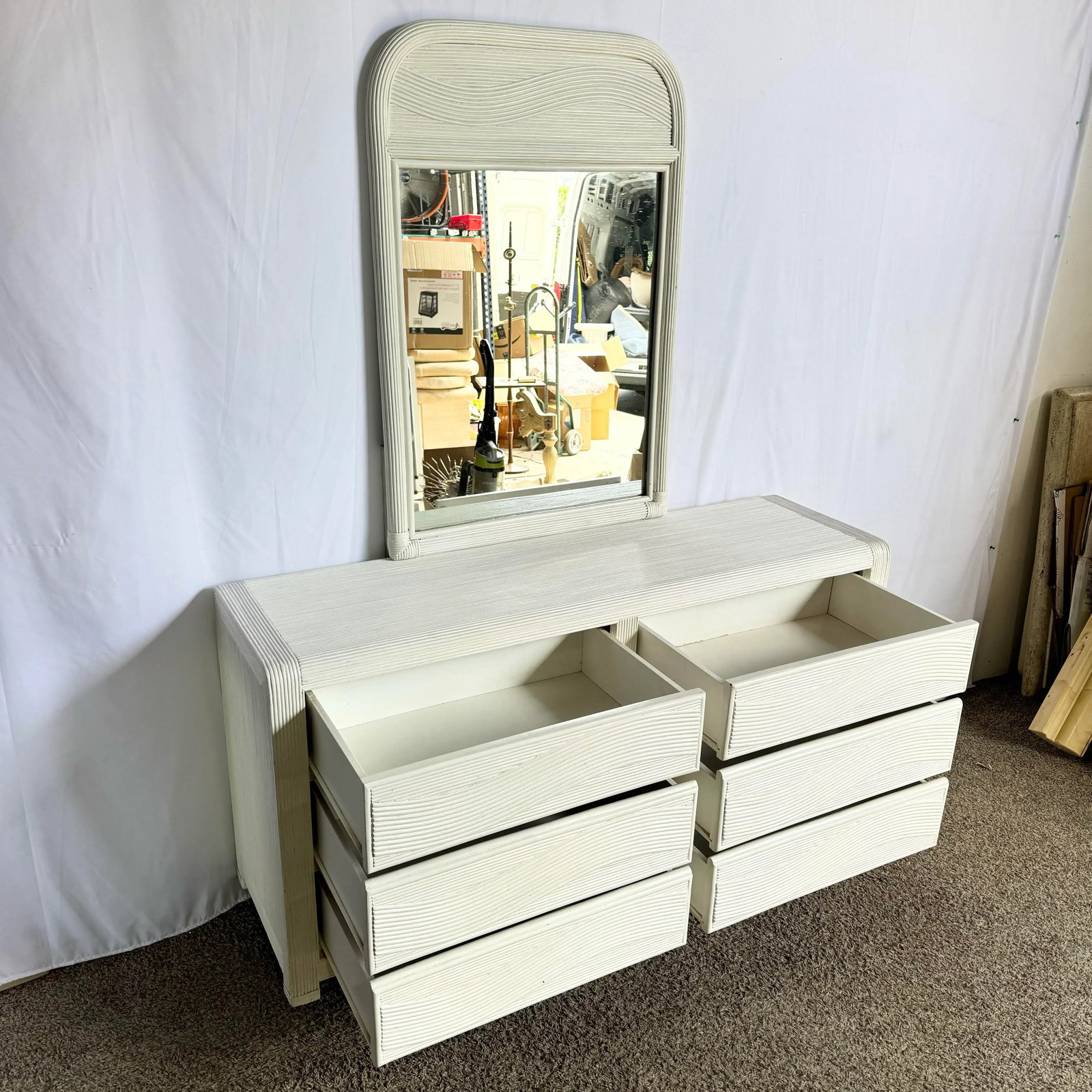 Boho Chic White Wavy Pencil Reed Dresser With Mirror - 3