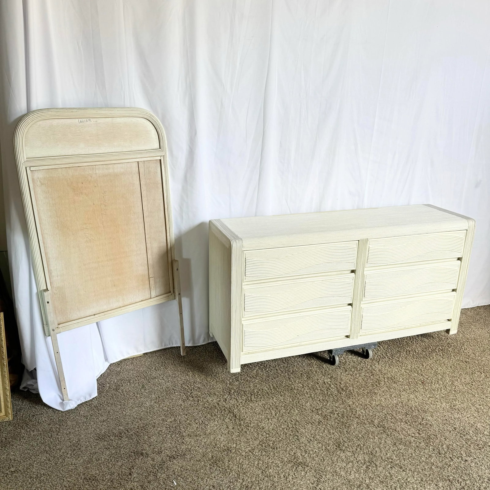 Boho Chic White Wavy Pencil Reed Dresser With Mirror - 4