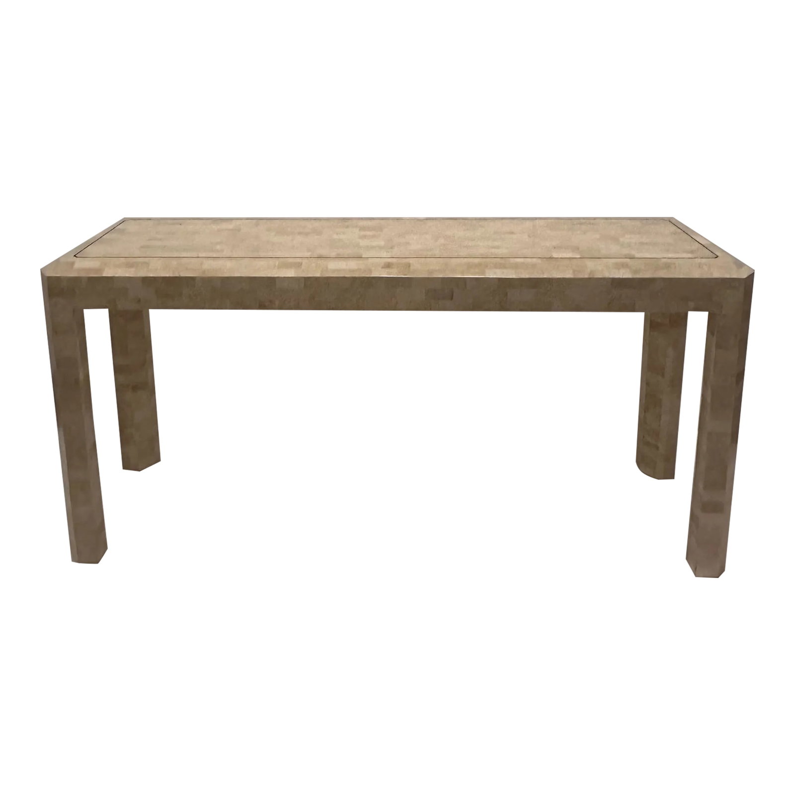 Maitland Smith Tessellated Stone and Inlaid Brass Console: Glamorous creamy tessellated stone console table having brass inlay decoration. Simple streamlined silhouette makes this piece mix well in any decor. Condition: Alterations: Original Condition Unalter