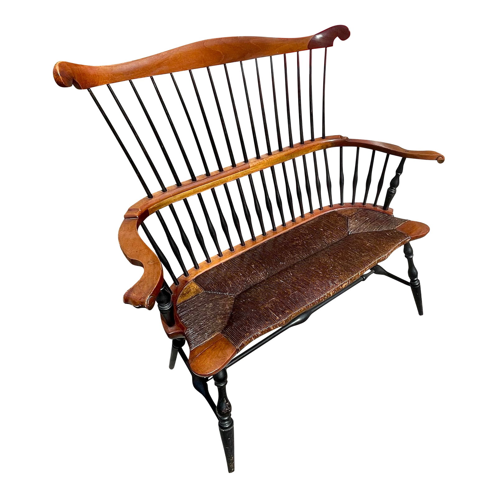 Mid 20th Century Vintage Pennsylvania Fan Back Windsor Settee/Bench: Offered is a vintage Windsor settee with a rush seat. It has natural oak wood construction with black painted stiles and turned legs. There is an old repair on the underside to stabilize a crack