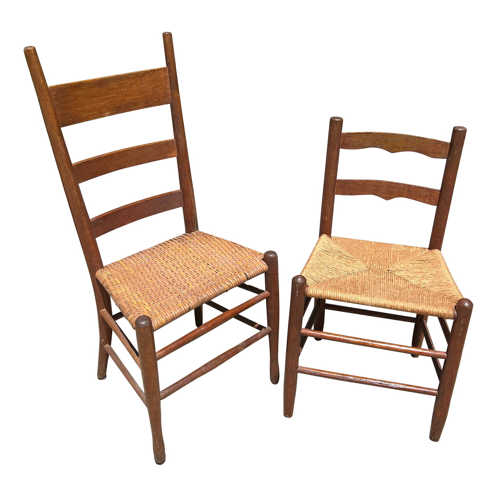 Pair of 1970s Americana Ladder Back Chairs: 17 inches floor height on the large chair. Smaller chair measures 30 inches in height by 17 inches width by 14 inches deep and floor to seat height 16 inches. These would look lovely in your home and