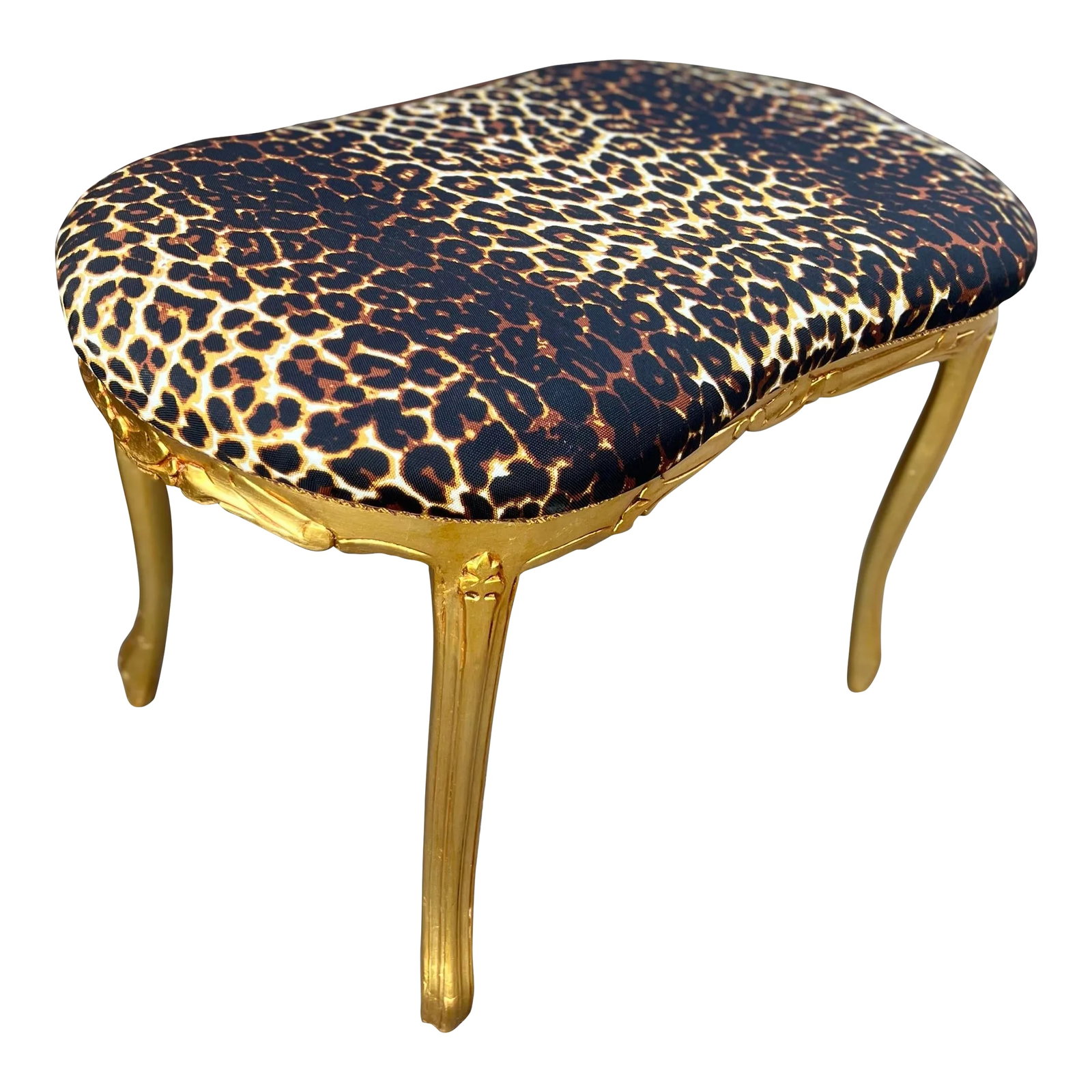1960s Leopard Louis XV Gold Leaf Bench Stool Ottoman Real Solid Wood: Cute Foot Rest afoot stool ottoman made From real solid wood gilded by real gold leaf. Leopard animal print beautiful upholstery fabric. Width 28" x depth 17"x Height 18" Free Shipping Condition: Alte