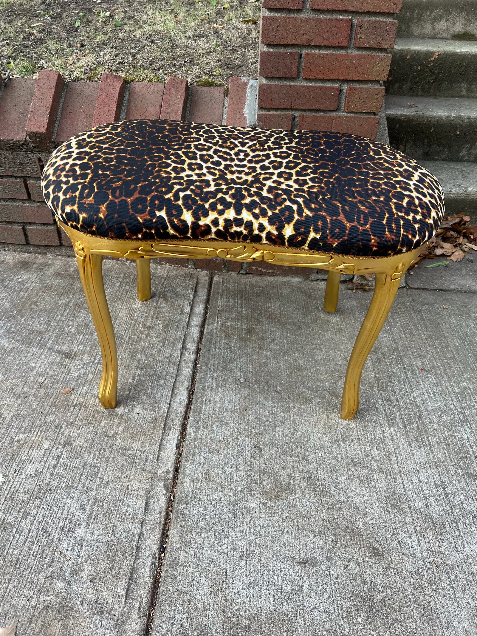 1960s Leopard Louis XV Gold Leaf Bench Stool Ottoman Real Solid Wood - 2